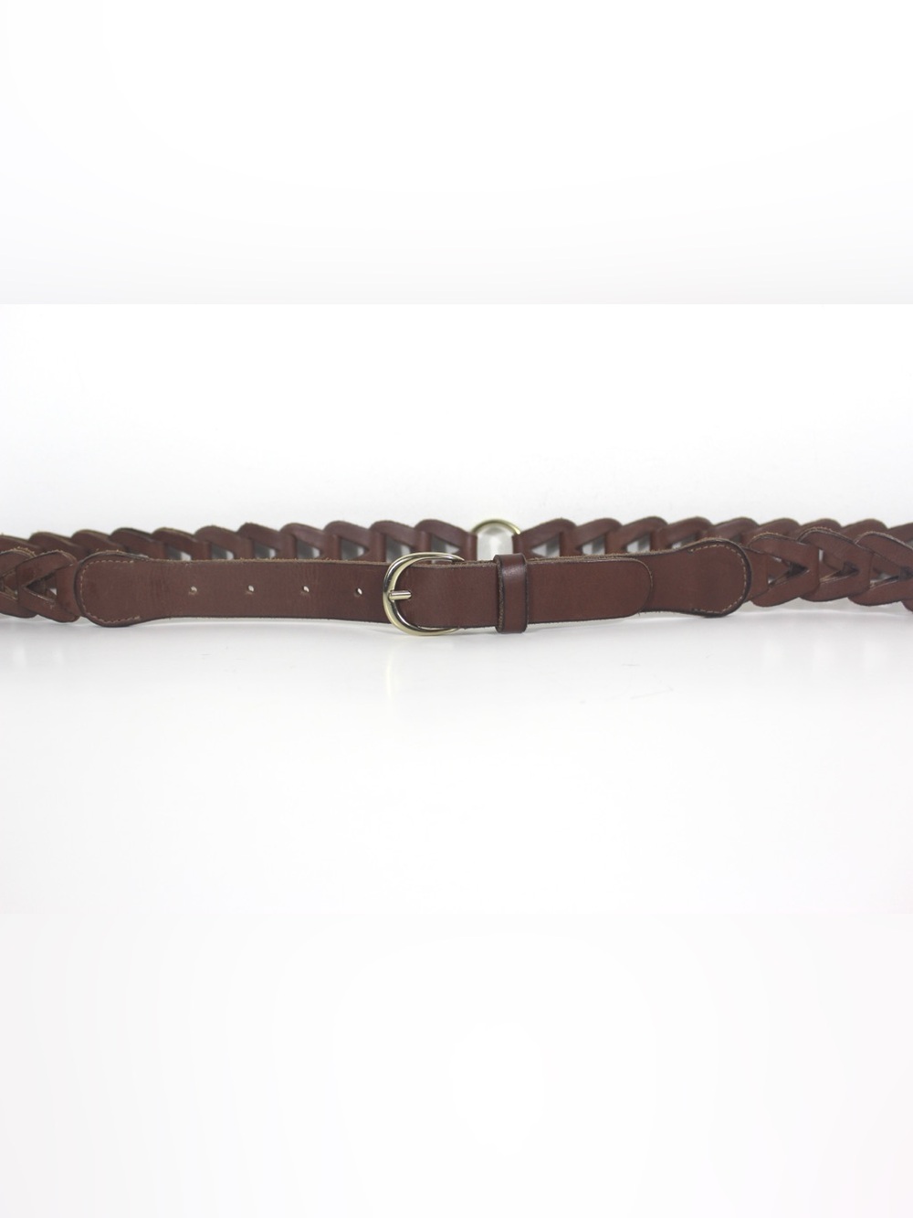 Vintage Brown Leather Chunky Snake Link Belt Woven Gold Tone Buckle